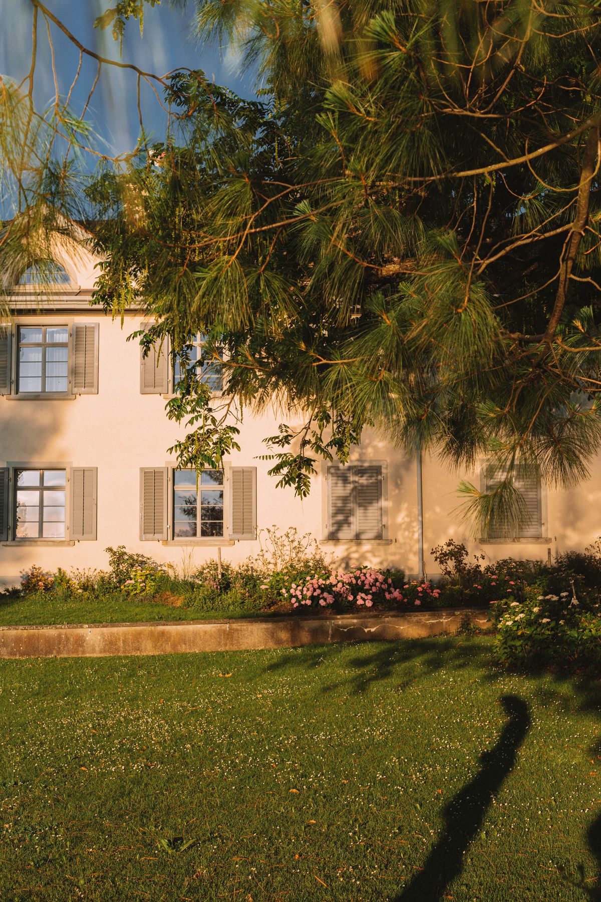 Wohnhaus mit gepflegtem Garten und blühenden Beeten