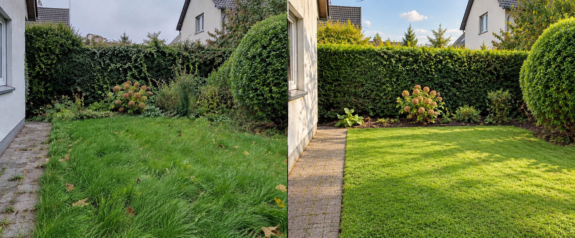 Simuliertes Gartenpflege-Beispiel: links hoher Rasen und ungepflegte Beete, rechts gemähter Rasen und gepflegte Beete