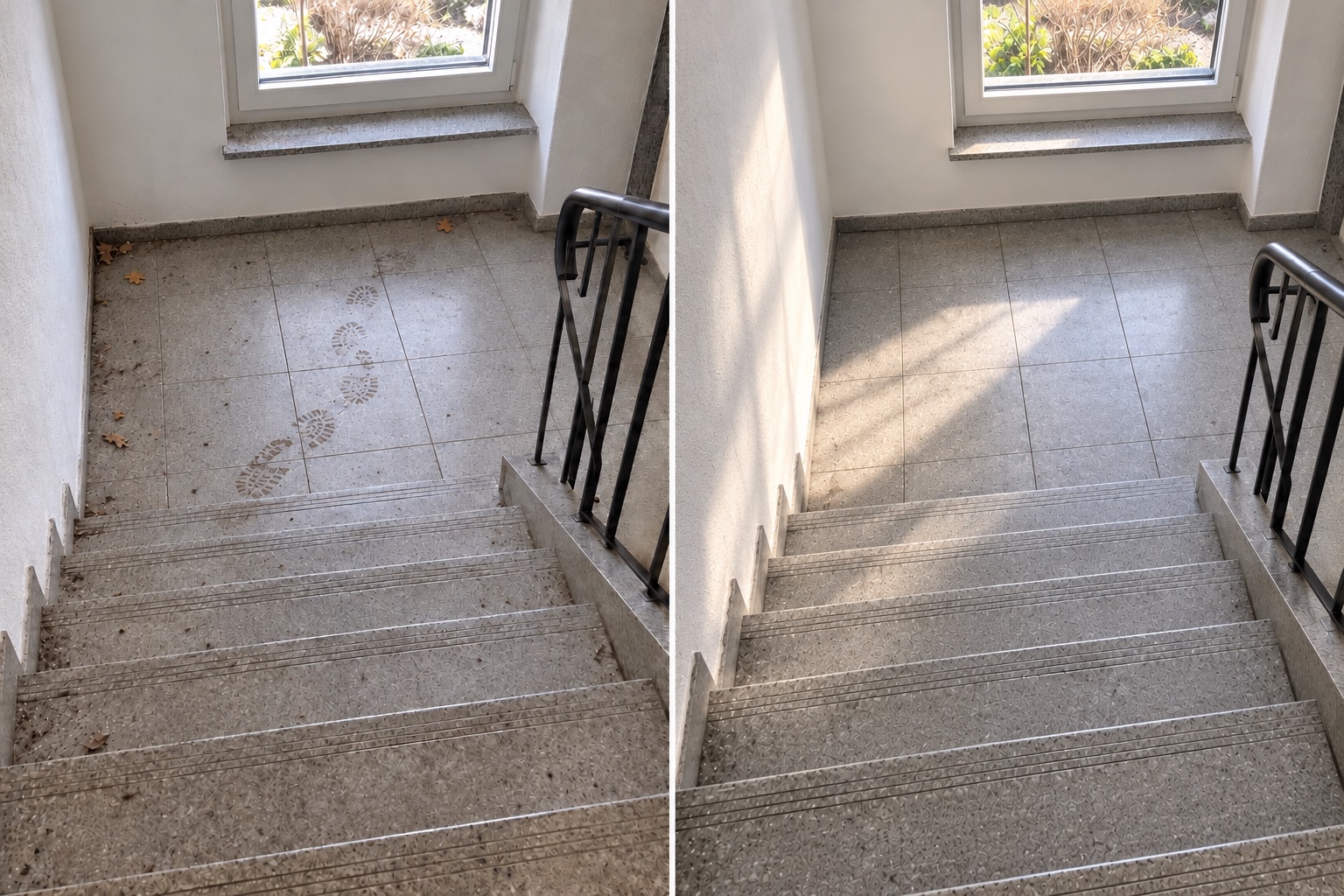 Simuliertes Treppenhaus-Beispiel: links einzelne Schmutzspuren und Staub, rechts gereinigte Stufen