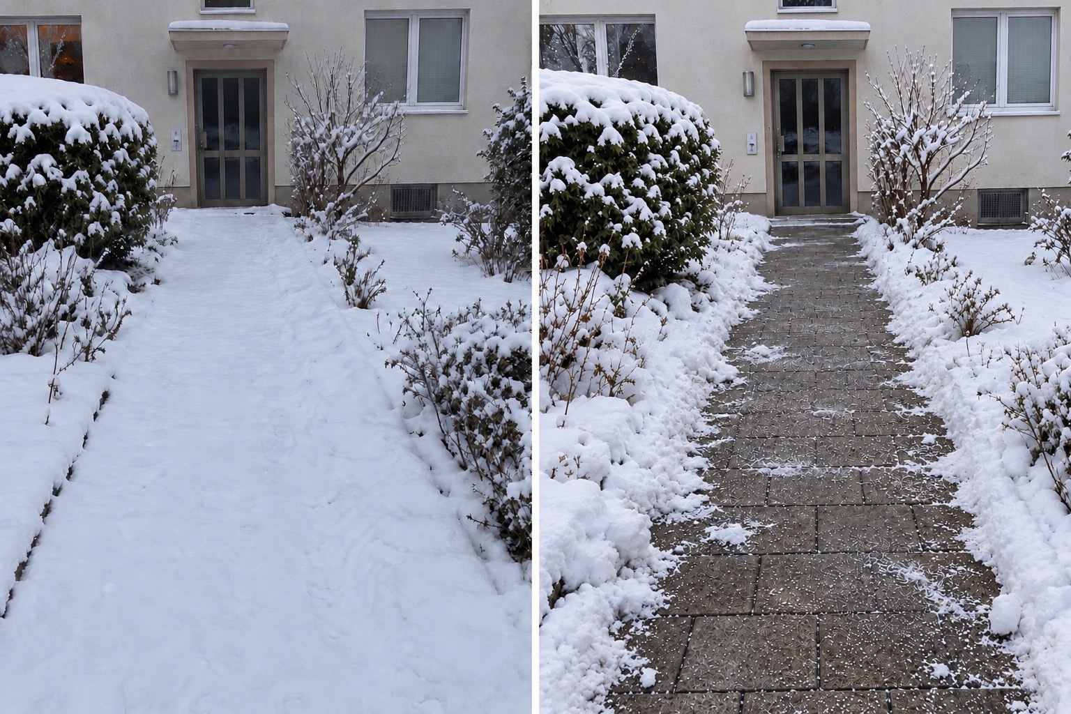 Simuliertes Winterdienst-Beispiel: links verschneiter Zugang, rechts geräumter und gestreuter Weg
